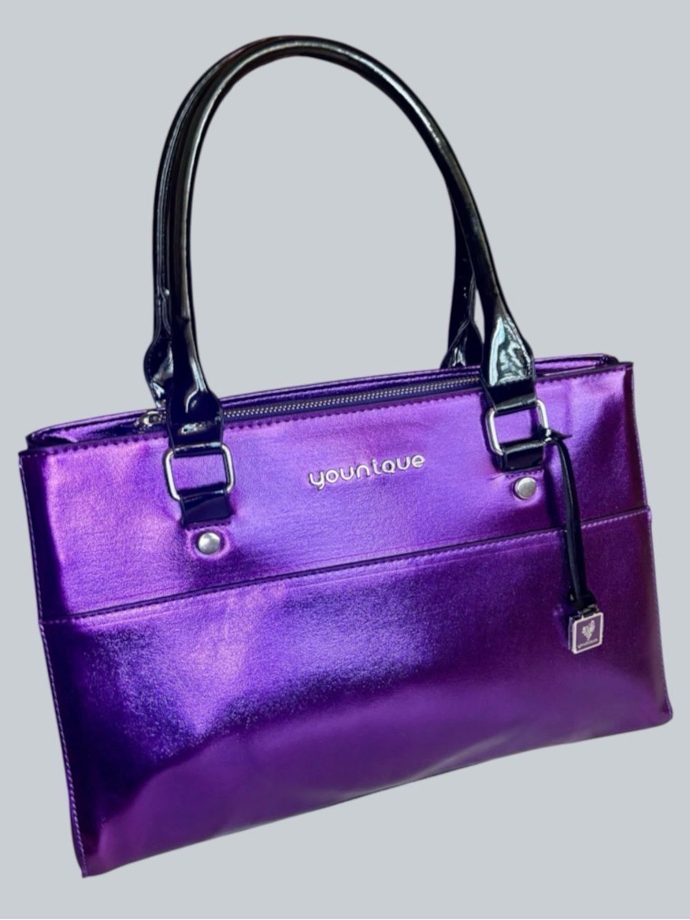 Younique Shiny Metallic Purple Patent Work Tote Organizer Shoulder Bag